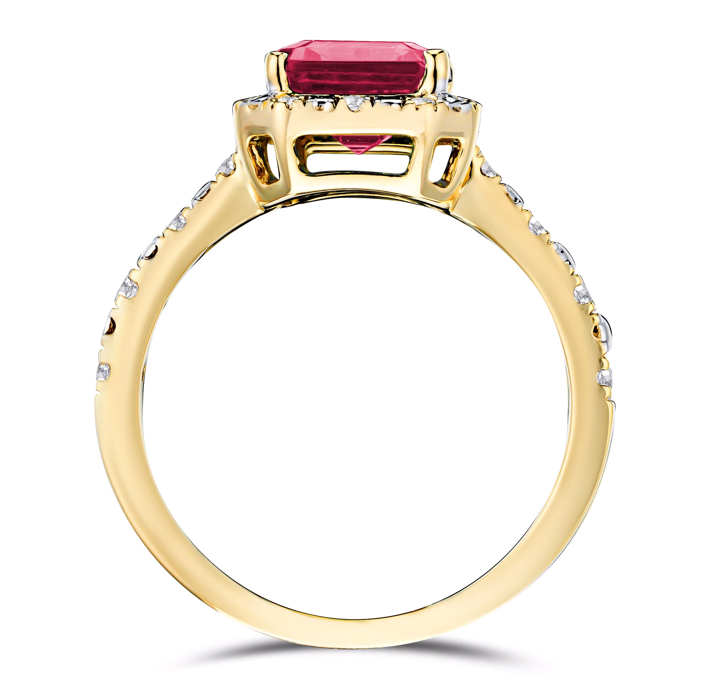 Astra 1.90ct Lab Ruby and Diamond Halo Shoulder Set Octagon Cut Ring in 18K Gold Vermeil